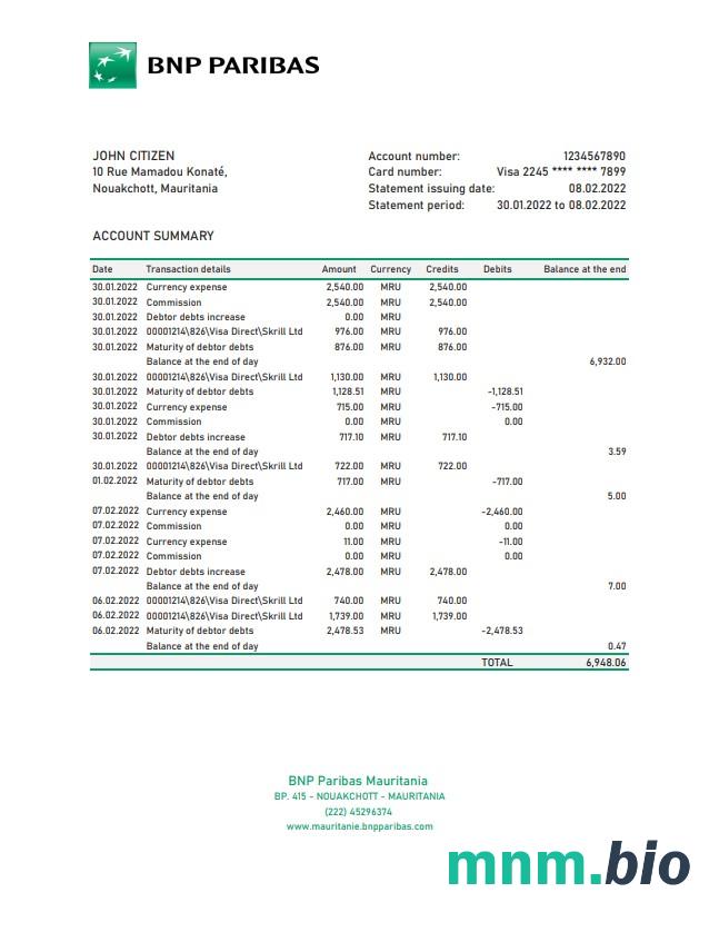 Szablon wyciągu bankowego Mauretania BNP Paribas w formacie Word i PDF